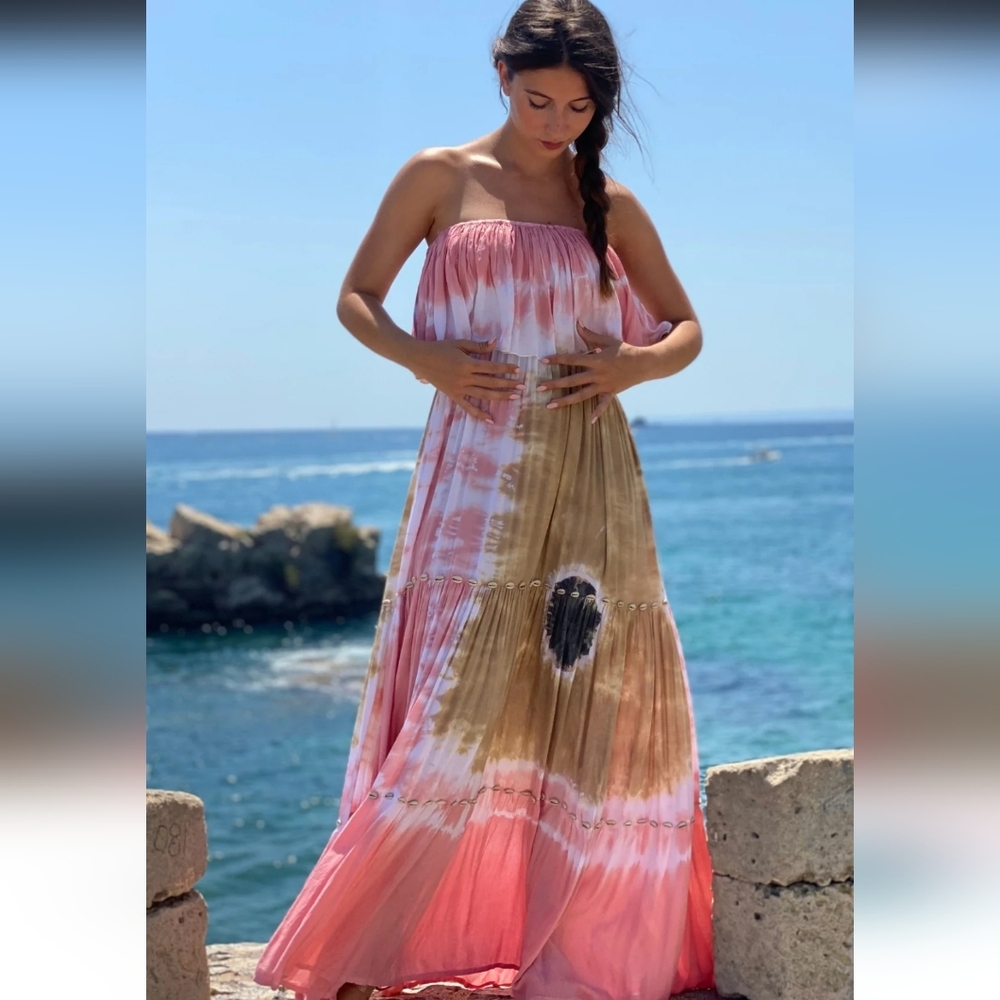 de mil amores Boho Tie-Dye Strapless Maxi Dress with conchas, Pink, One Size - Picture 10 of 16